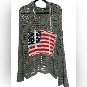 Miracle USA American Flag Open-Knit Crochet Hooded Sweater - Grey Sz S/M